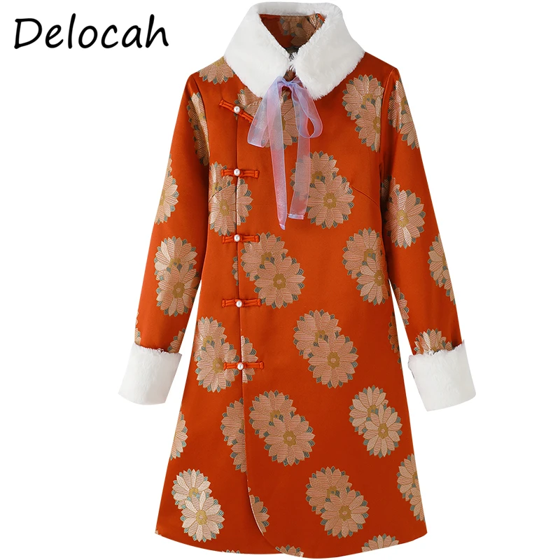 

Delocah Women Fashion Autumn RunwayWarm Coat Long Sleeve Single Breasted Embroidery Floral Print Elegant Bodycon Ladies Coats