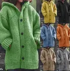 Зимний женский кардиган, повседневный однотонный вязаный свитер с капюшоном на пуговицах, пальто, Теплый Женский трикотажный кардиган с длинным рукавом, верхняя одежда