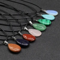 2 strands crystal pendant necklace semi precious stone small pendants flat water drop pendant with 45cm leather cope wholesale