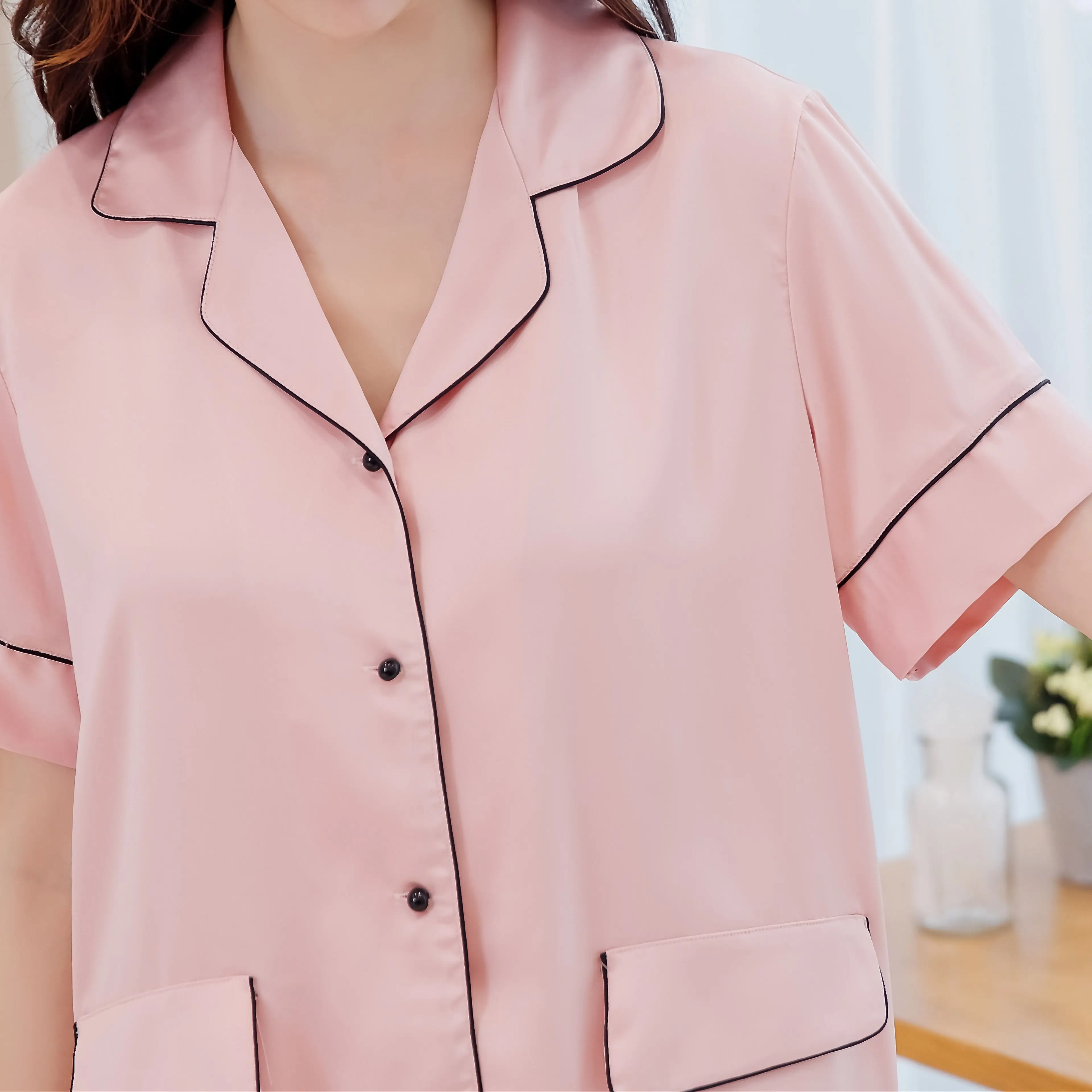 

2021 Home Suit Female Pink 2 Piece Set Women Spring and Summer Pajama Sets Women's Home Clothes Sexy Sleepwear Lovely Silk Sleep