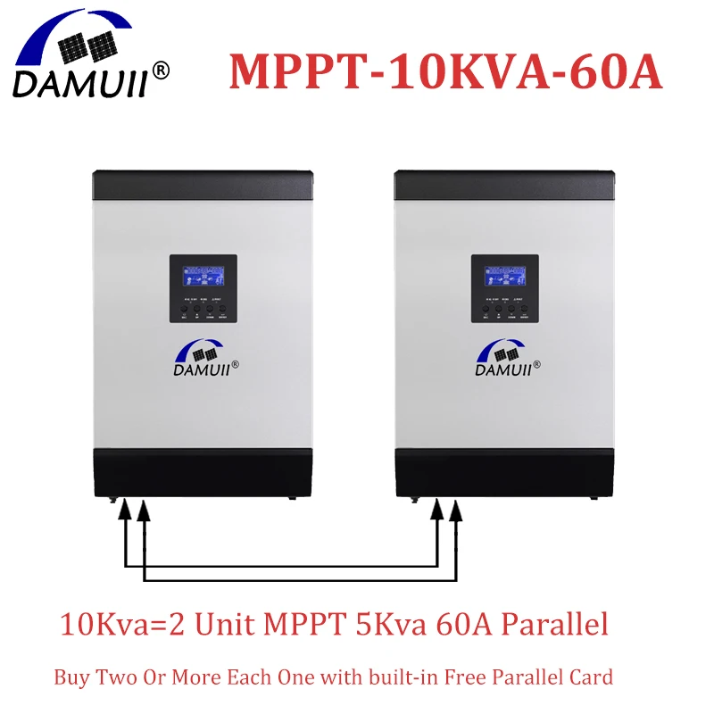 Неэлектрифицированный солнечный инвертор DAMUII MPPT 10 ква 60 А, гибридный преобразователь постоянного тока в переменный, 8000 Вт, В переменного тока, 48 В постоянного тока, 50 Гц ~ 60 Гц, автоматическое определение