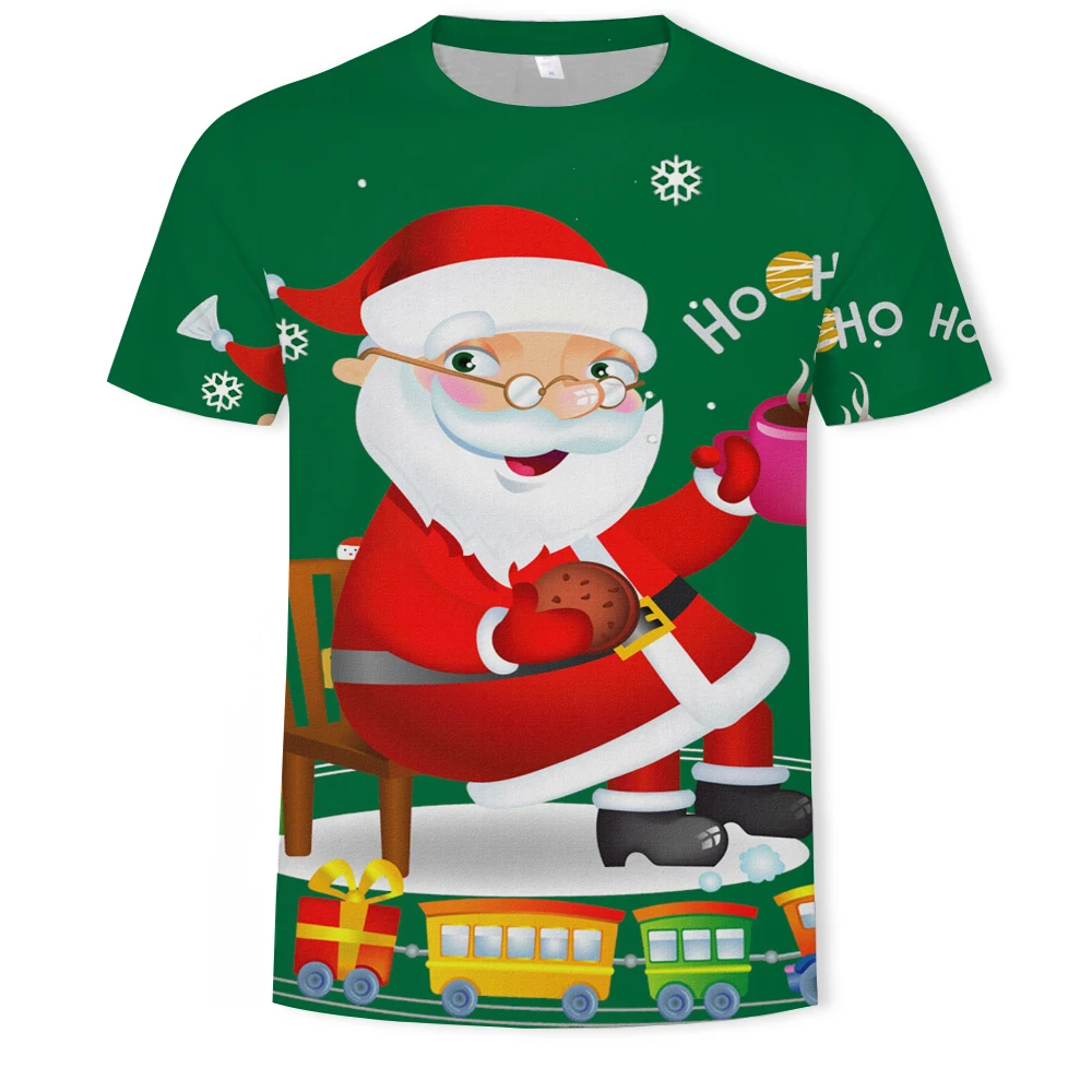 

2021 summer fashion new gentle and cute Santa Claus send blessing 3D printing pattern men's short-sleeved trend casual T-shirt a