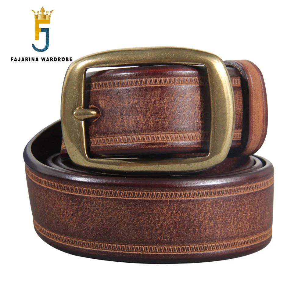 FAJARINA Top Quality Solid Pure Cow Skin Belts Men‘s Retro Cowhide Leather Brass Pin Buckle Metal Belt for Men 3.3cm N17FJ881