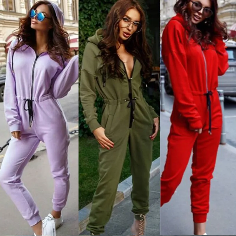 Женский Повседневный комбинезон на молнии однотонный длинный спортивный костюм
