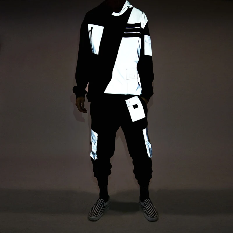 Светоотражающий спортивный костюм с капюшоном для мужчин в стиле хип хоп