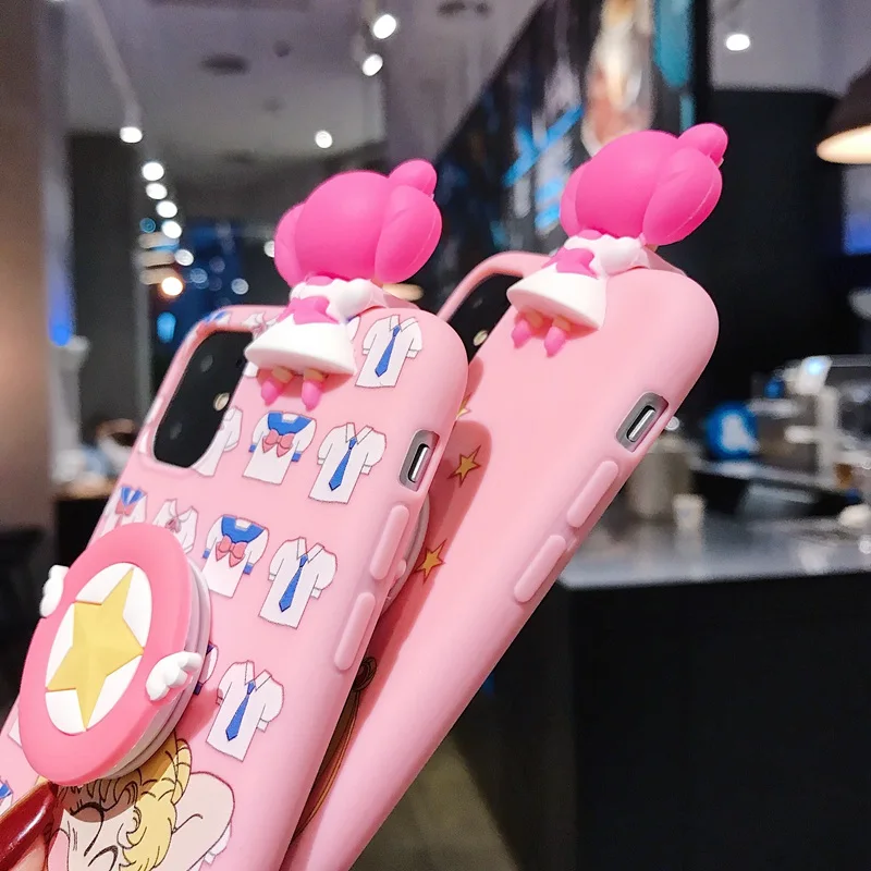 Милый мультяшный Сейлор Мун розовый чехол для телефона для iPhone 11 Pro X 8 7 6s Plus XS Max XR мягкий 3D кукольные игрушки стенд ремешок задняя крышка