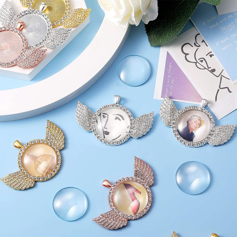 

Rhinestone Wing Shape Bezel Pendant Trays with Round Glass Cabochons and Lobster Clasps Chains Set for DIY Jewelry Craft