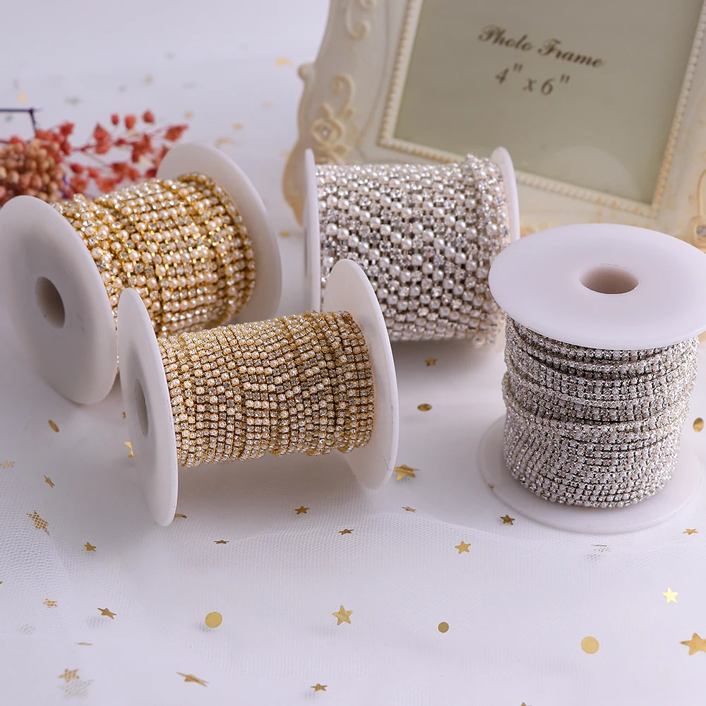 Цепочка для ногтей с жемчугом золотистая/серебристая стеклянная 1 5/2/2 5/3 мм |