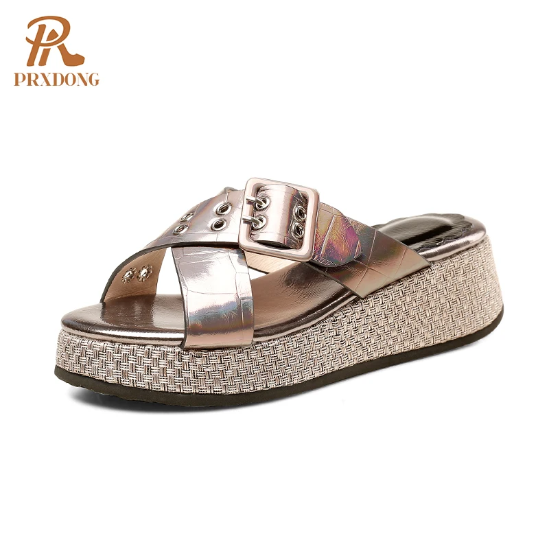 

Genuien Cow Leather Wedges Heels Slippers Women Casual Beach Shoes Ladies Mules Shoes Buckle Designer Slides Women Sandals 2021