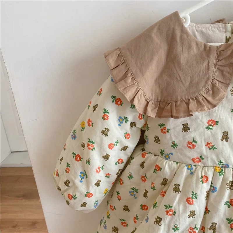 2021 Autumn and Winter New Kids Clothes Girls Dress Bear Print Princess Fashion Thicken Children One Piece | Детская одежда и
