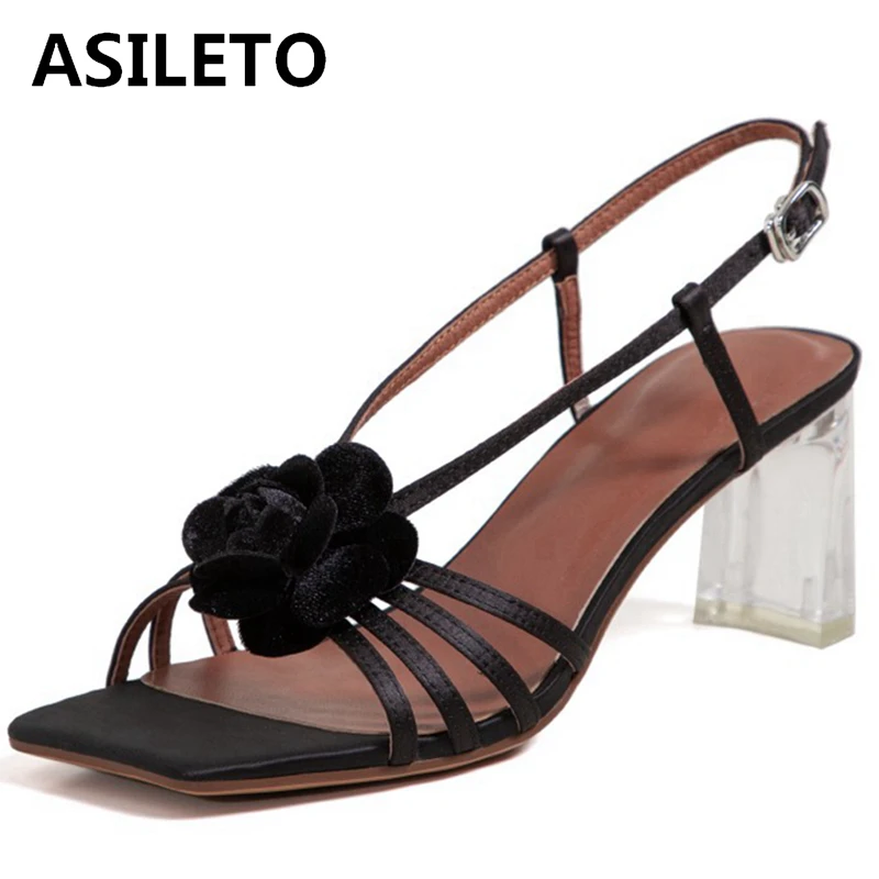 

ASILETO 2021 модные сандалии с открытым носком цветы Пряжка ремешок 6 см пятки Симпатичные прозрачные квадратные пятки US12 бежевый черный A4233
