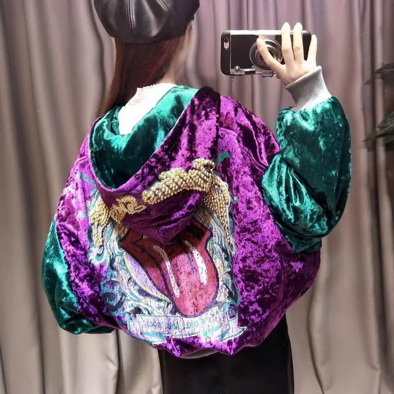 

VOOCIEC European and American Heavy Industry Style Punk Girl Jacket Clown Girl Sequined Gold Velvet Harajuku Hooded Jacket