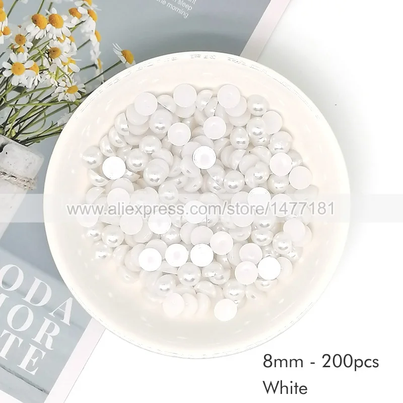 200 шт. 8 мм белый жемчуг полукруглый плоская задняя часть имитация искусственного