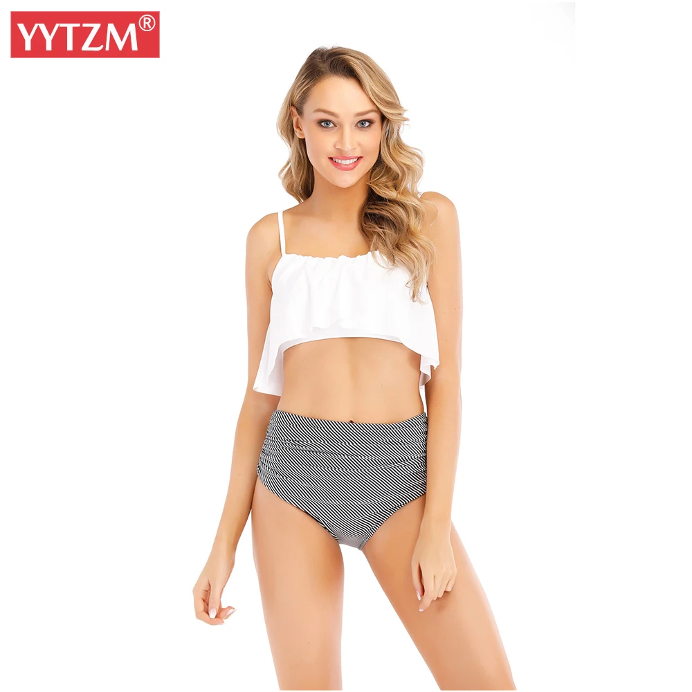 Blue and White Vertical Lotus Leaf Print High Waist Bikinis Female New Patchwork Bathing Suit Swimwear Waistline Crease Design | Женская