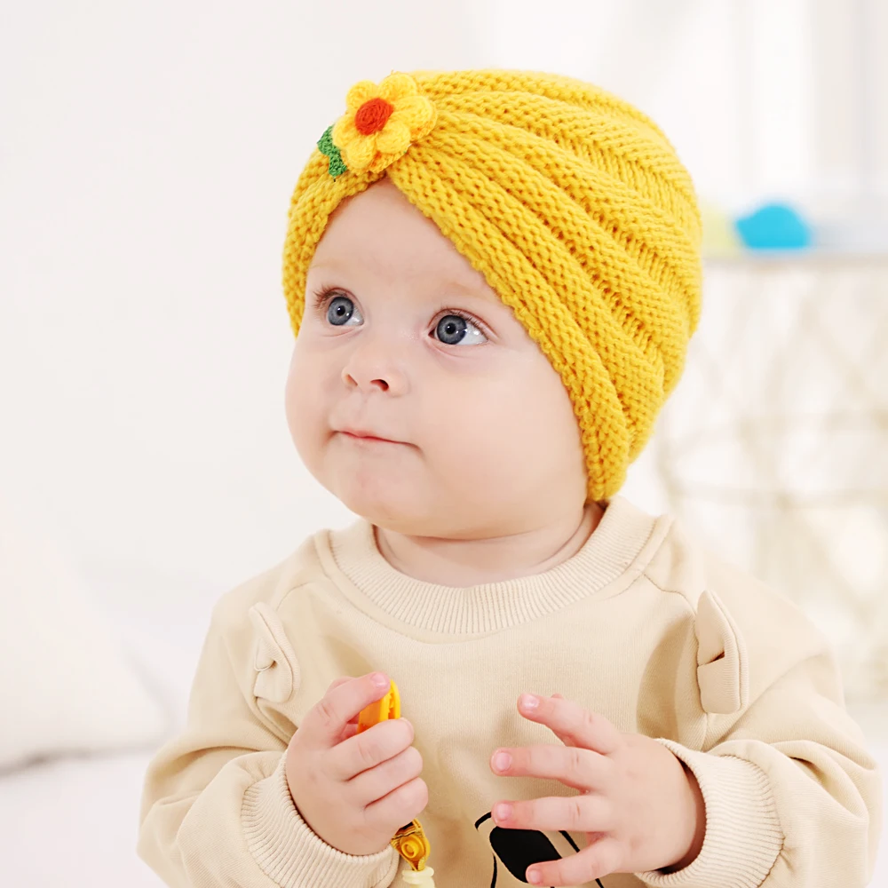 

0-3T Wool Knitted Turban Hat for Newborn Baby Girl Little Flower Crochet Knit Beanie Children Winter Warm Skullies Baby Boy Hat
