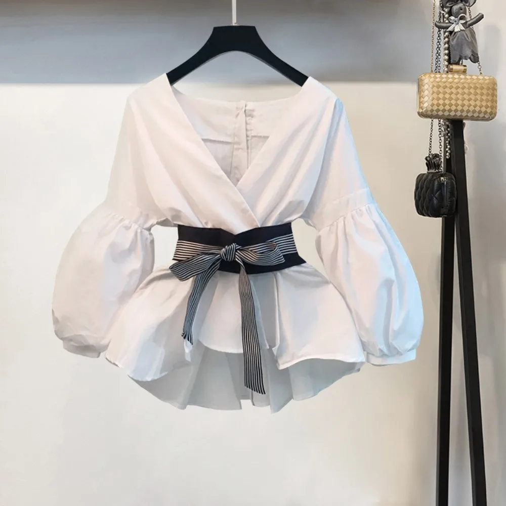 

Women Lantern Sleeve Blouse Shirt Summer Bow V Neck Striped Shirt Elegant Ladies Tops
