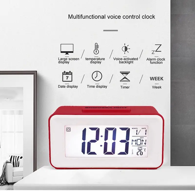 

Desk Digital Clock Sound Control Backlight 12/24 H Snooze 8 Alarm Ringtones for Bedrooms kids simple electronic clock