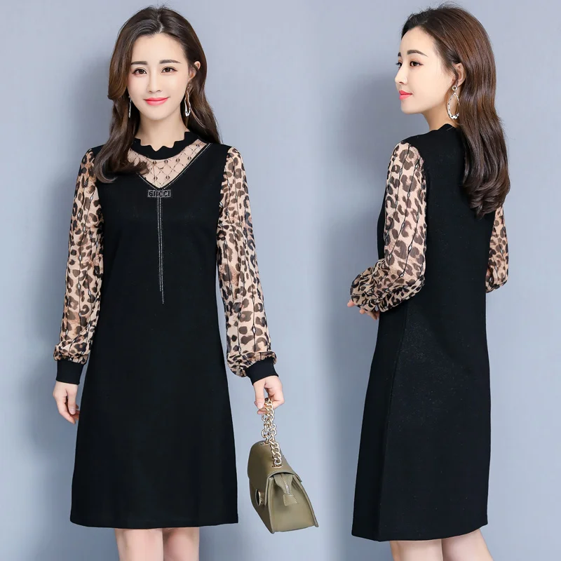 Новое модное весенне осеннее леопардовое платье с длинными рукавами женское