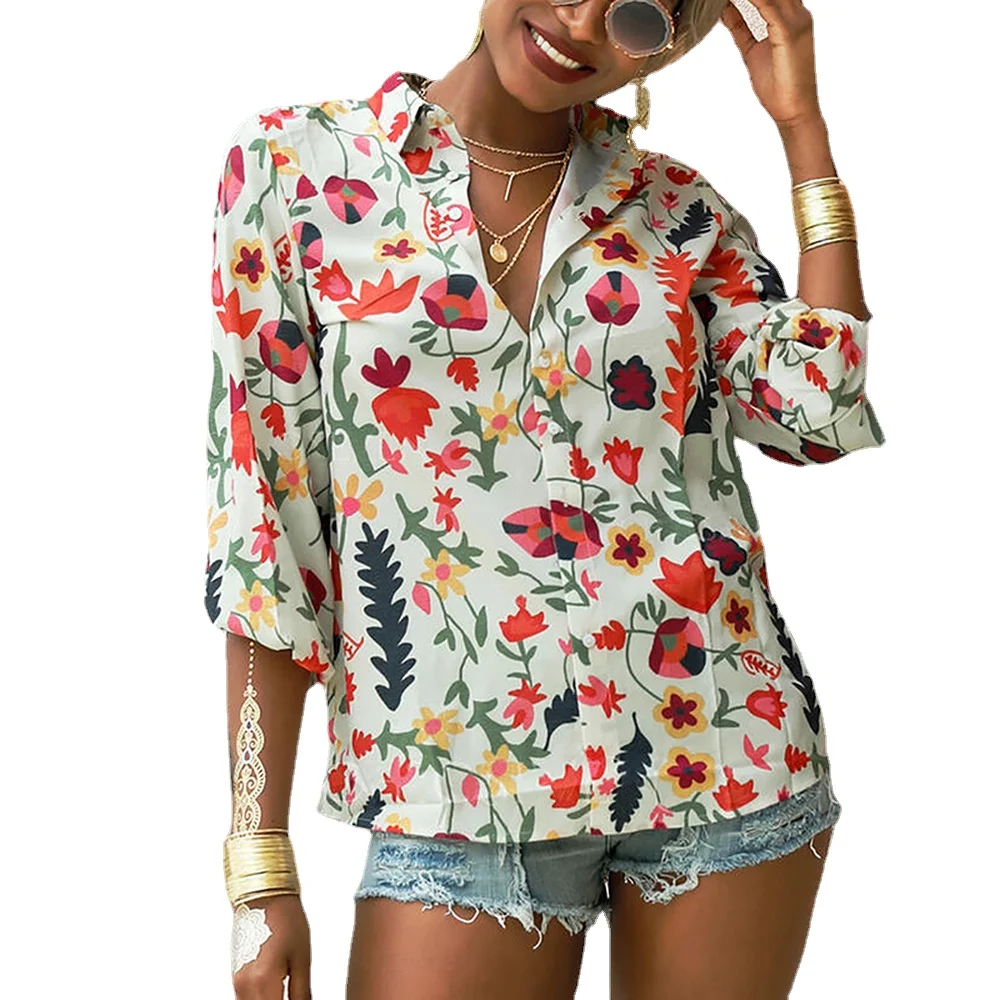 

Women Autumn Long Sleeve Printing Blouses and Shirts Turn Down Collar Button Blusas Ladies Casual Tops Shirt