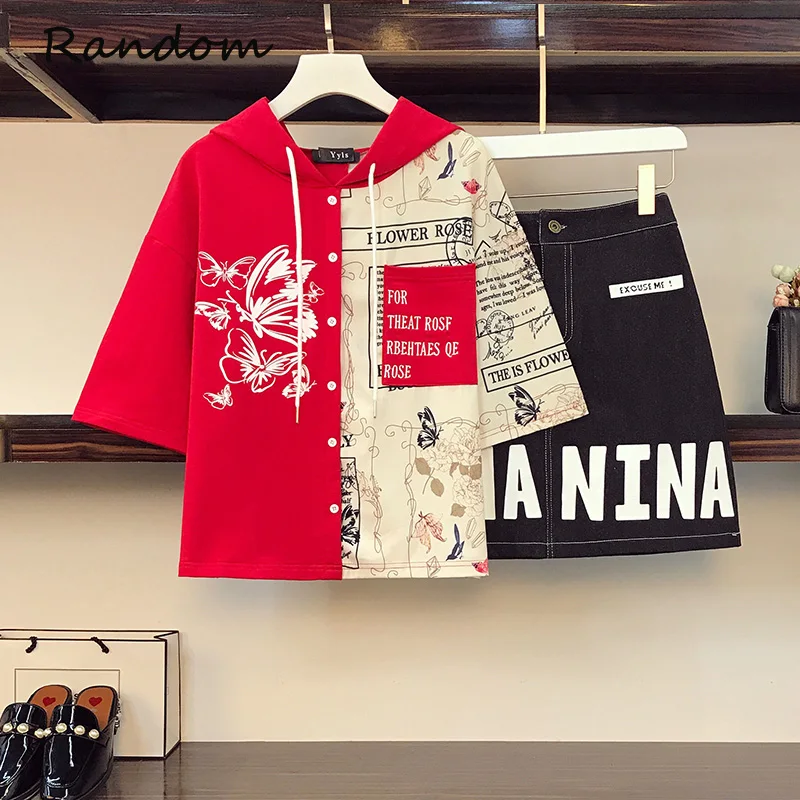 

Летний женский модный костюм большого размера, свитер с капюшоном, красный топ и трапециевидная мини-юбка из джинсовой ткани, комплект из дв...