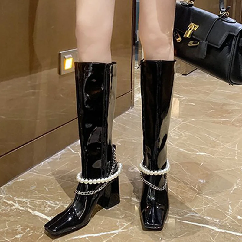 

Ladies Shoes High Heels Platform Zip Fashion Boot New Women Boots Female Knee High Boots String Beads Chain Square Toe Luxurious