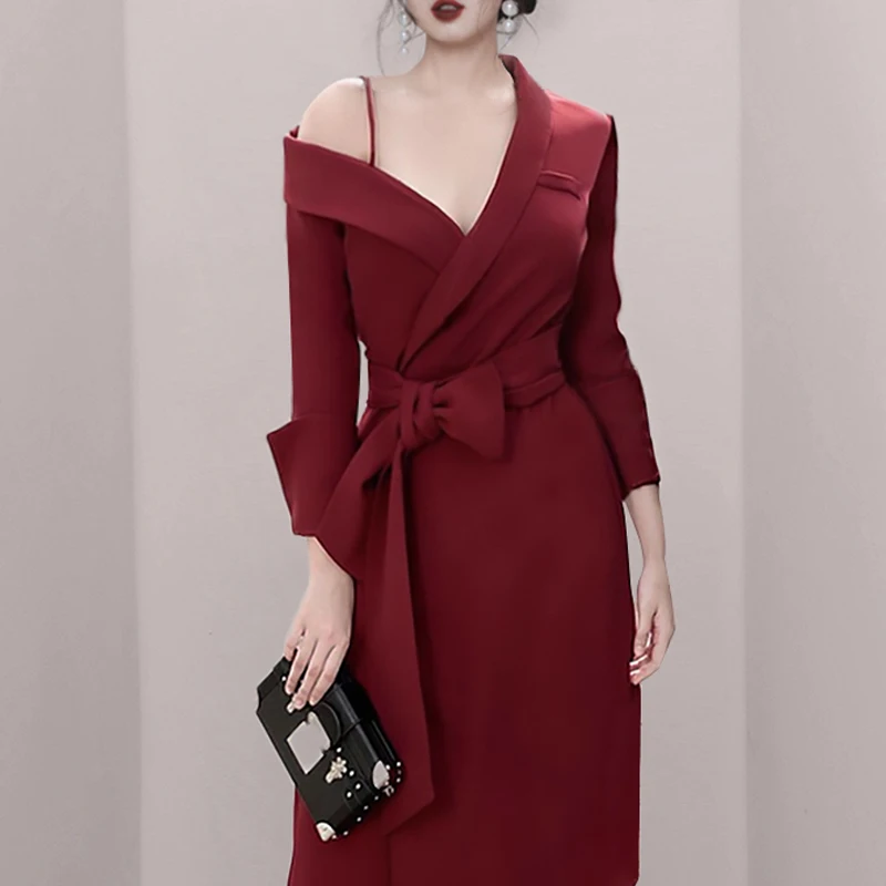 Женское асимметричное платье макси Spri красное офисное миди с длинными рукавами и