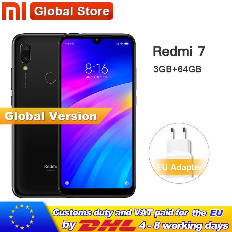Глобальная версия Xiaomi Redmi 7 3GB 64GB Смартфон Snapdragon 632 Octa Core 12 + 2 МП Двойная камера