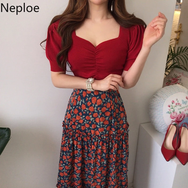 Neploe вязаные футболки женские корейские шикарные плиссированные Женские топы с V