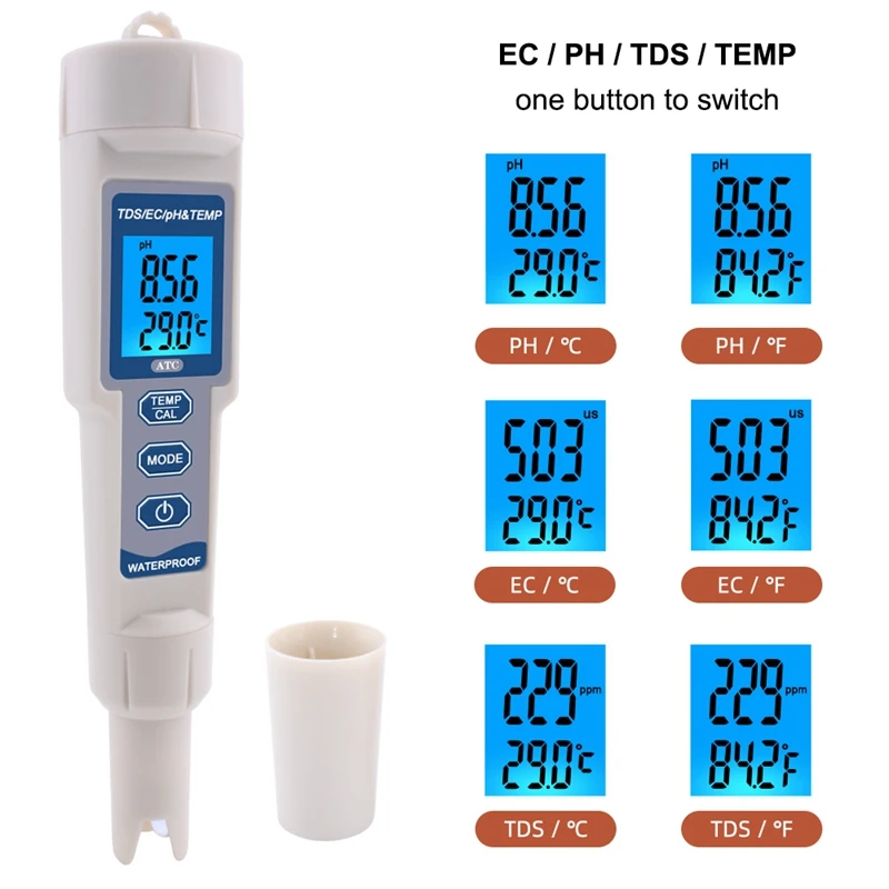 

4 in 1 TDS PH Meter PH/TDS/EC/Temperature Meter Digital Water Quality Monitor Tester for Pools, Drinking Water, Aquariums