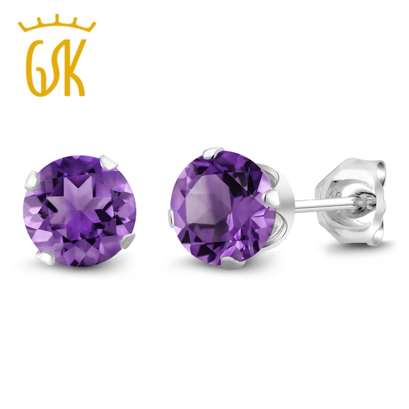 GemStoneKing 6 мм 1 50 Ct Круглый натуральный аметист 925 пробы серебро 4 зубчатые серьги