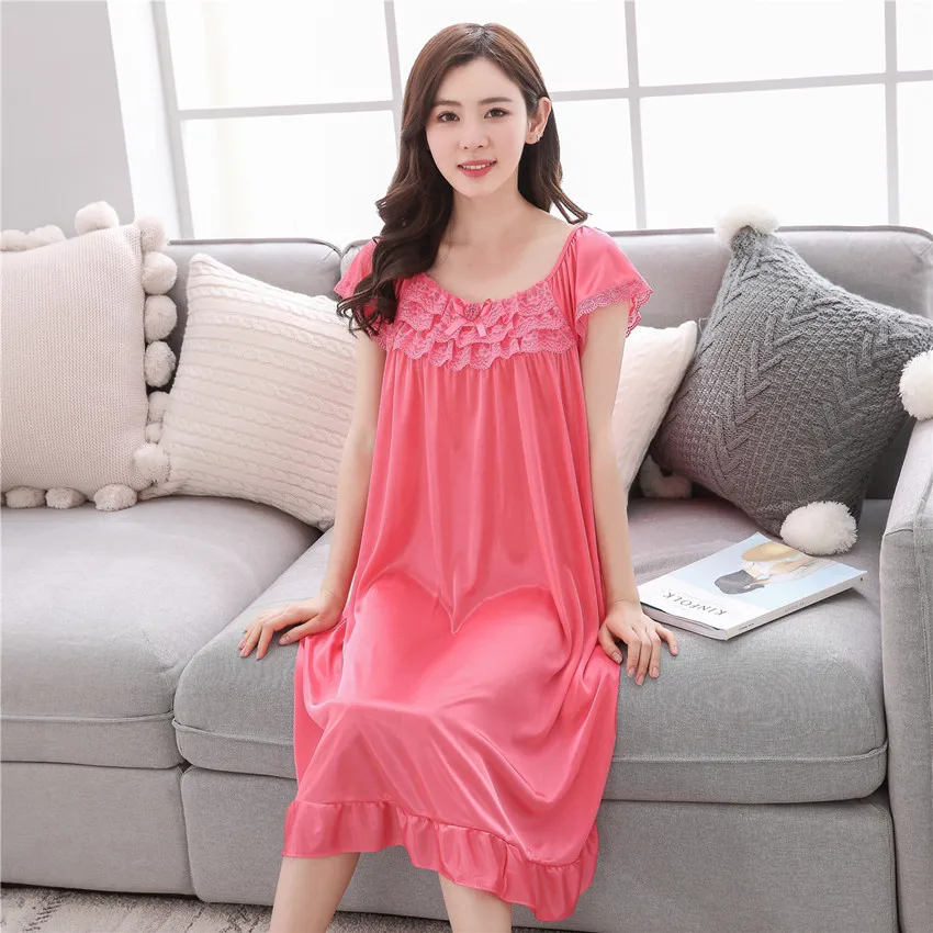 

Summer Silk Nightgown Big Size Soft Sleepwear Satin Solid Nightdress Women Satin Nightwear Plus Size XXXXL Ladies Home Dress