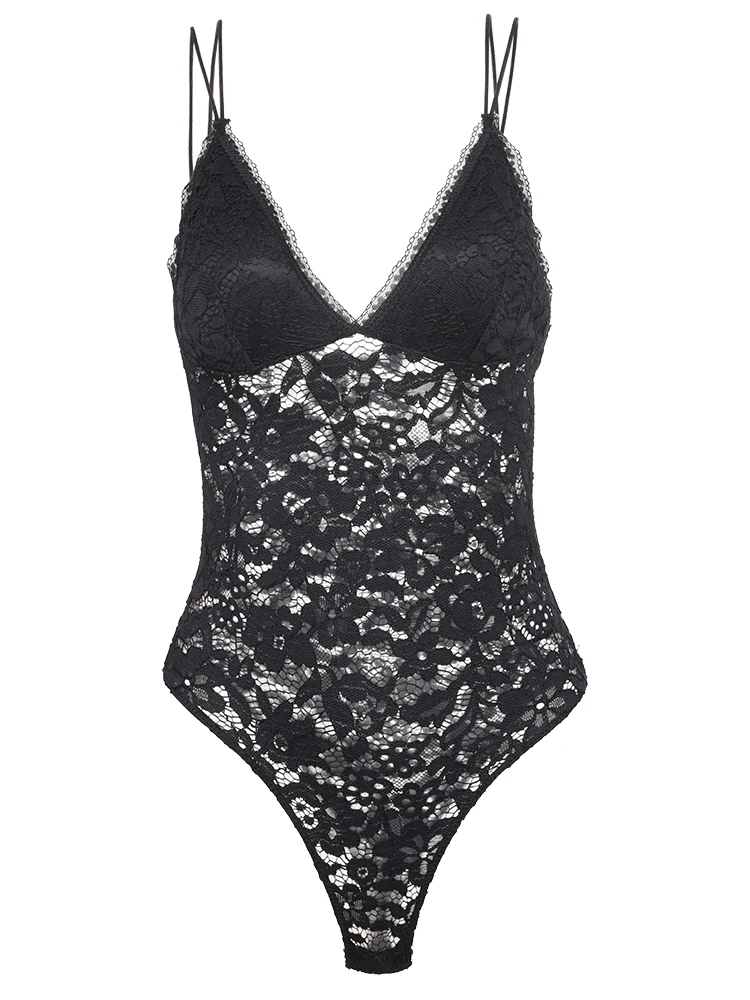 

Sexy Bodysuit with Chest Pad Jumpsuit Perspective Botton Open Crotch Black Lace Floral Backless Perspective Strap Bodysuits