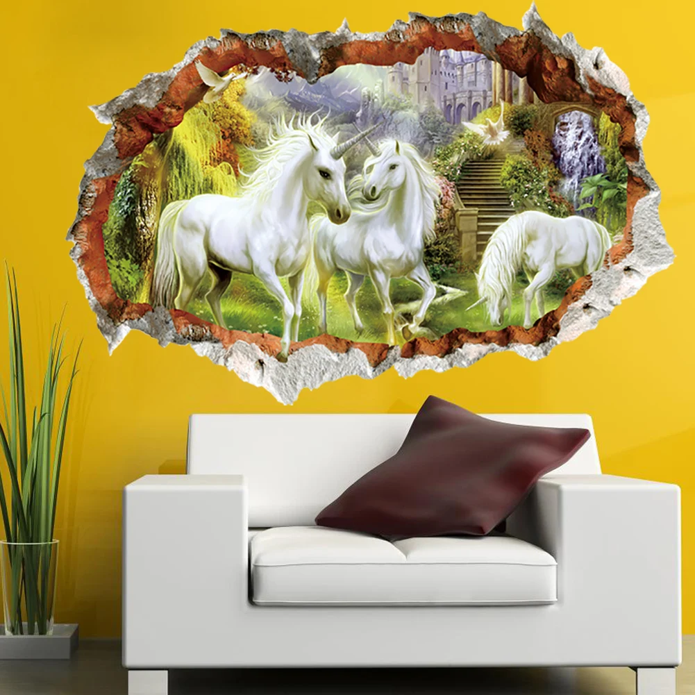 

3D Broken Wall View Unicorn White Horse Wall Stickers For Kids Living Room Bedroom Art Wall Decal Poster Sofa Wall Decoration
