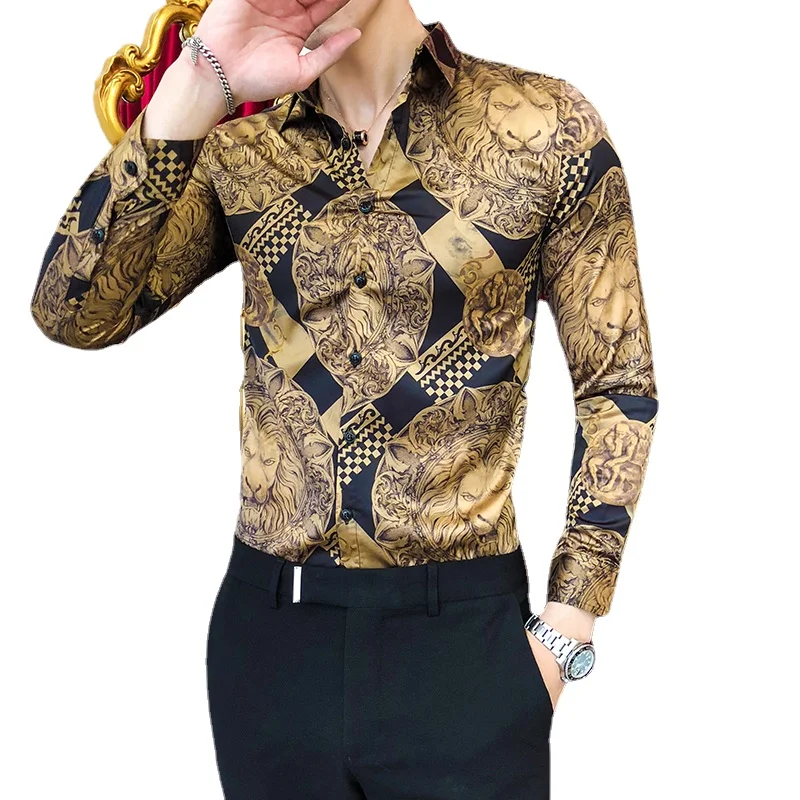 

Dress Slim Fit Tuxedo Shirts Male Fashion Streetwear Social Night Club Shirt Luxury Golden Casual Shirt Men Long Sleeve Shirt