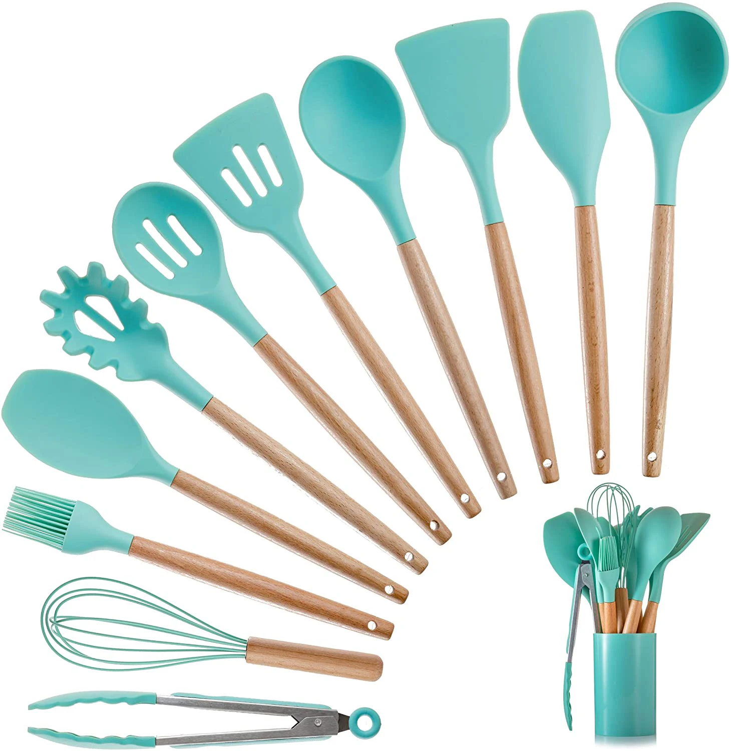 

Silicone Cooking Utensils Set Non-stick Spatula Shovel Wooden Handle With Storage Box Kitchen Tool Accessories