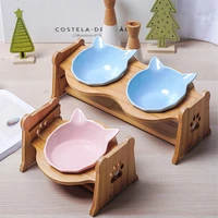 pets double bowl dog cat food water feeder stand raised ceramic dish bowl wooden table cute print dog feeder pet supplies