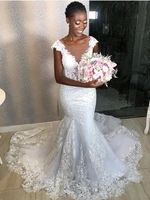 mermaid wedding dresses sheer neck flower pattern appliques lace cap sleeve long trail bridal gowns luxury vestidos de noiva