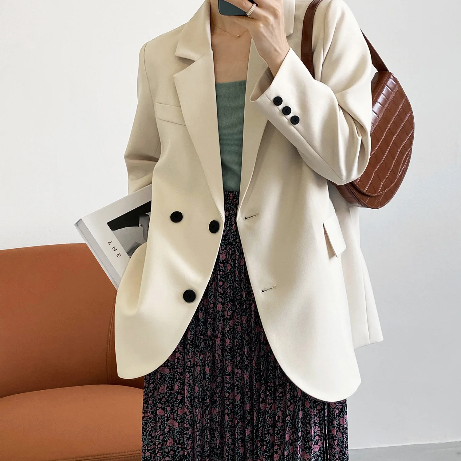 

Женский двубортный Блейзер Mooirue, однотонный свободный офисный двубортный пиджак свободного покроя, весна 2019