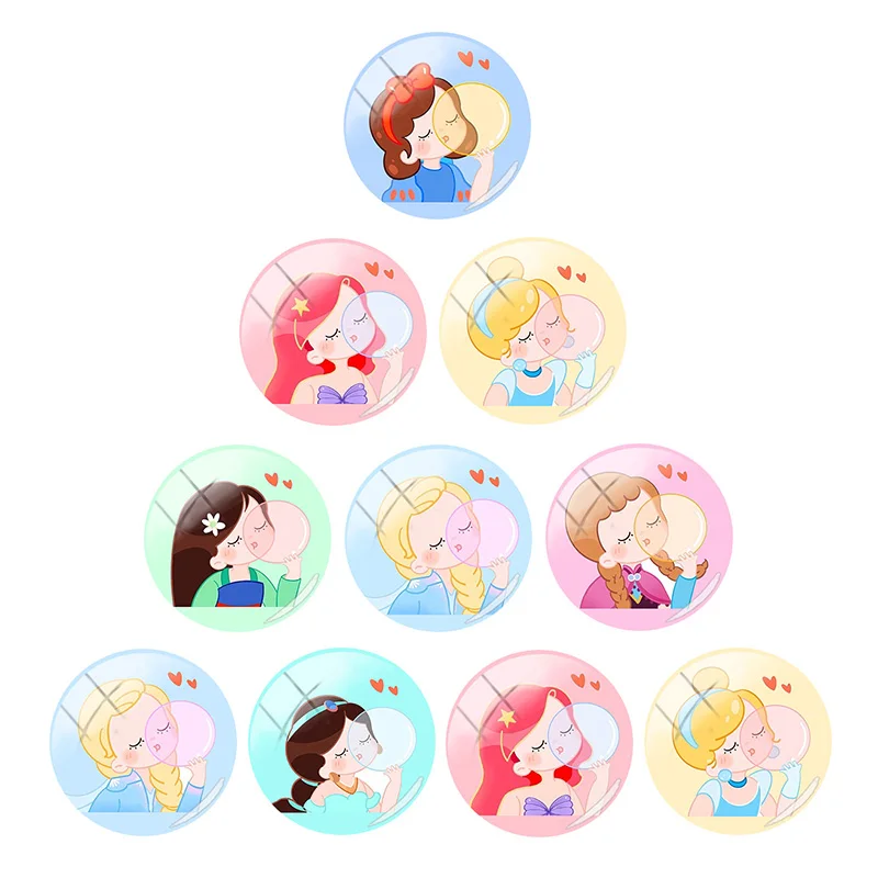 

Disney Q Version Princess Blowing Bubbles 12mm/15mm/16mm Photo Cute Girl Glass Cabochon Dome Flat Back DIY Jewelry For Friends