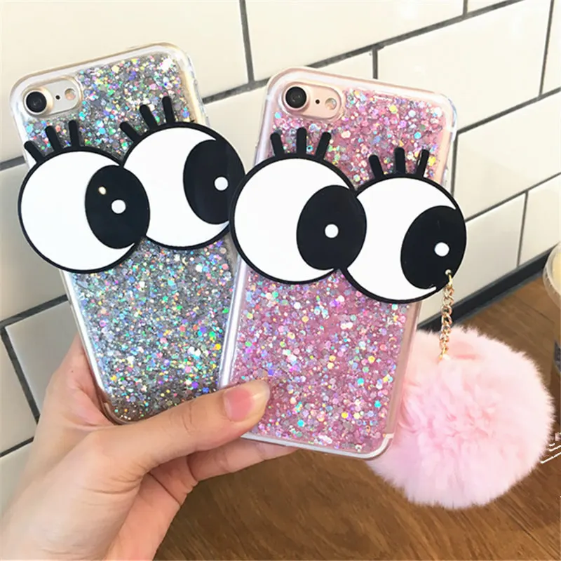 Для iPhone 6 6S 7 8 Plus X XR XS Max 11 Pro Bling Big Eyes миленький плюшевый кролик помпон меховой шар