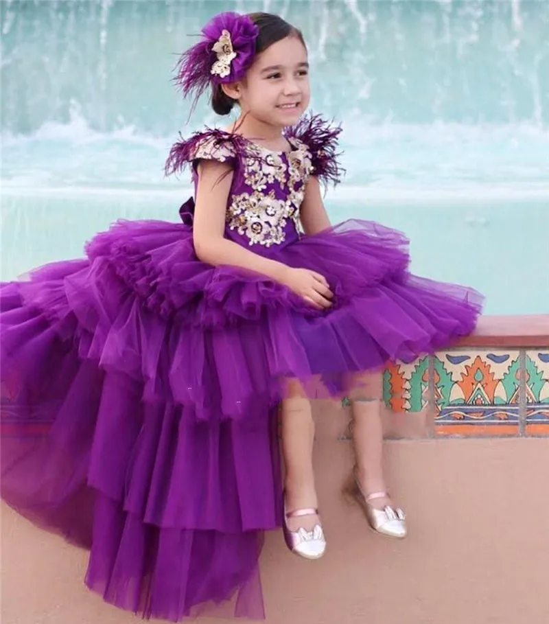 

Платья для девочек с высоким и низким содержанием фиолетового цвета, длинные платья принцессы с рукавами-крылышками и золотой аппликацией ...