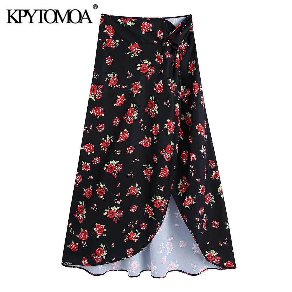 

KPYTOMOA Женская мода 2021 с узлом цветочный принт разрез миди юбка винтажная Высокая талия боковая молния женские юбки Mujer