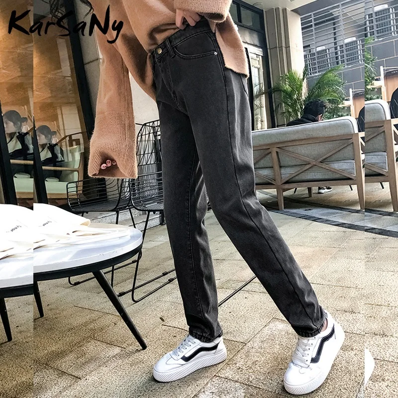 Джинсы для женщин в стиле бойфренд с высокой талией зимние теплые бархатные