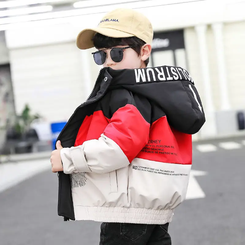 

Winter Polyester Jacket For Boy New 2021 Plus Velvet Thickening Letter Clothes For Teens Hooded Patchwork Children's Clothing