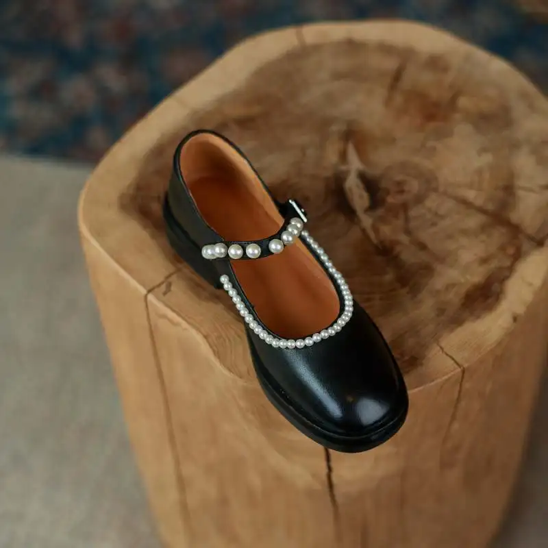 

Krazing Pot cow leather low heels shallow string bead autumn shoes fashion elegant Mary janes classics office lady women pumps