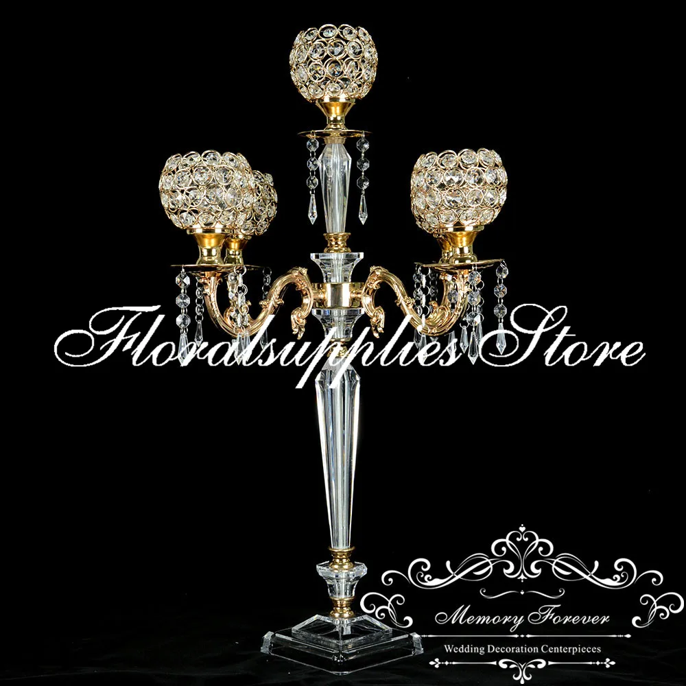 

New 75CM Tall Crystal Candelabra Centerpieces Gold Wedding Crystal Decoration 5 Arms Candelabra Metal Candle Holder