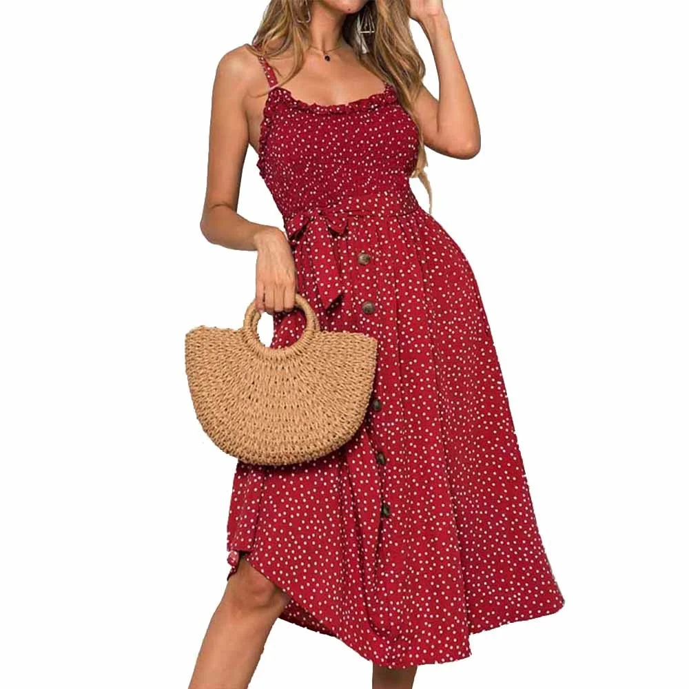 

Sexy Summer Sleeveless Slip Dress Women Strapless Bow Button Loose Bandage Pleated Polka Dot Sundress Casual Backless Vestidos