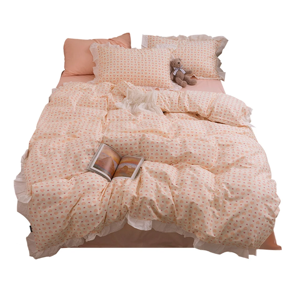 100% хлопок Розовый пододеяльник с принтом в виде сердца листьев лотоса |