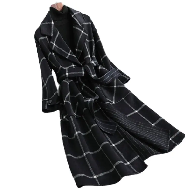 

Woolen Jacket Women's Autumn and Winter New Plaid Lapel Tie Long Overcoat Temperament Fashion Commuting Female Clothing ZM199