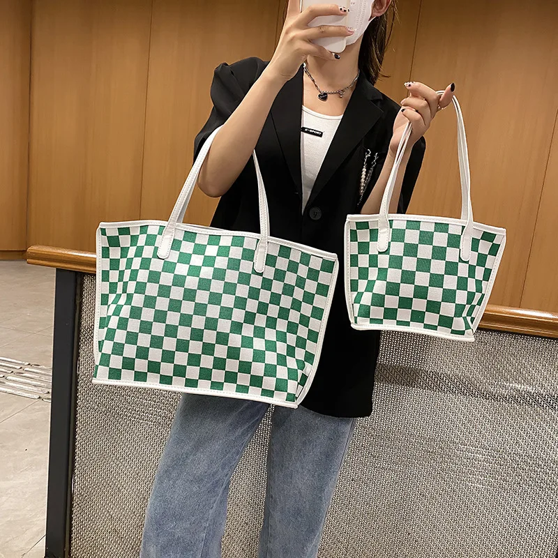 

Vintage Canvas Ladies Tote Bag Checkerboard Grid Casual Shoulder Bag Ladies Commute 2022 New Portable Composite Bags